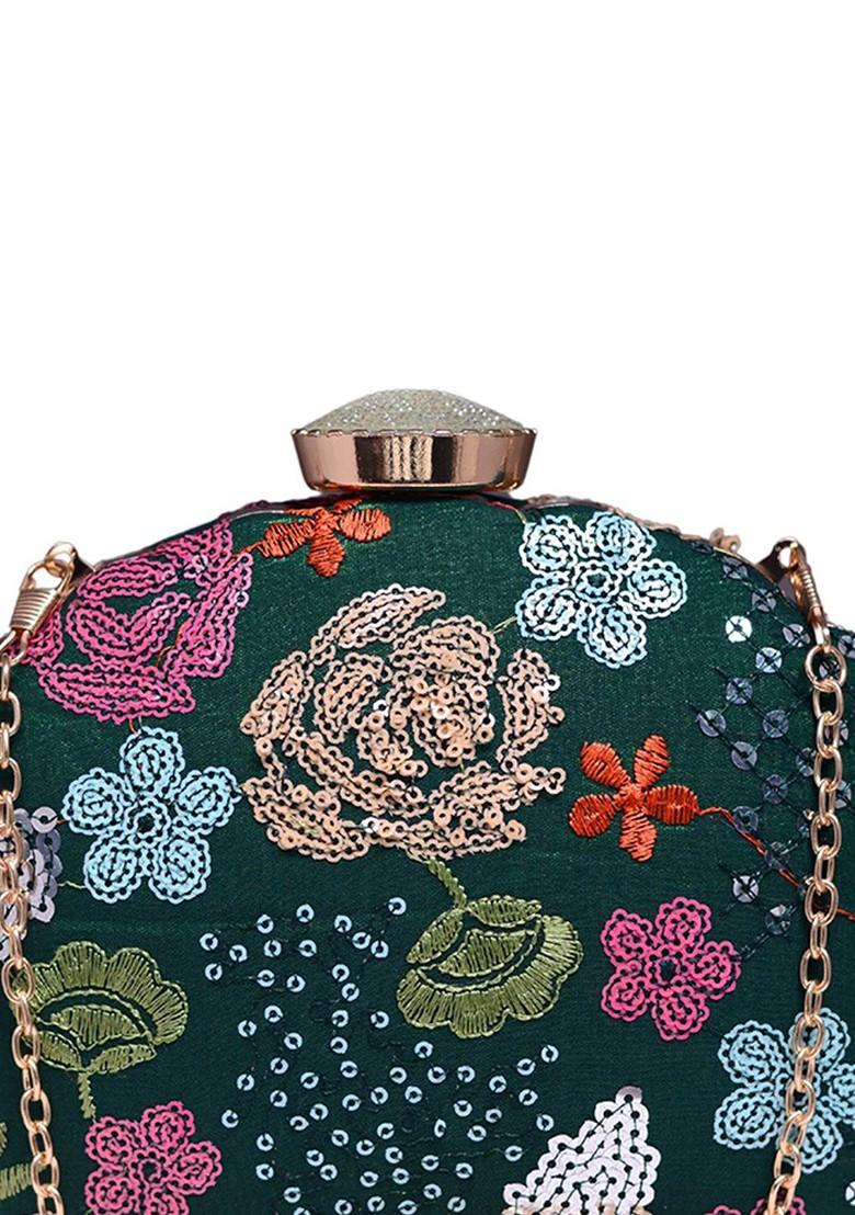 Green Satin Embroidered Embellished Box Clutch - Indya