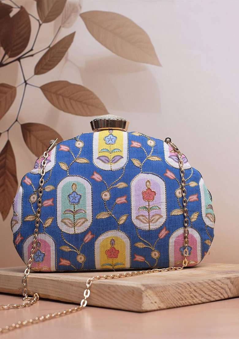 Blue Satin Embroidered Zari Embellished Box Clutch - Indya