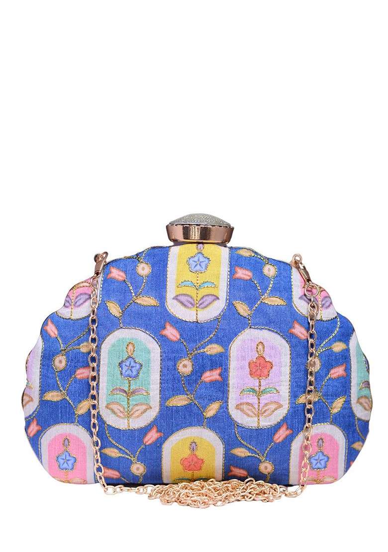 Blue Satin Embroidered Zari Embellished Box Clutch - Indya