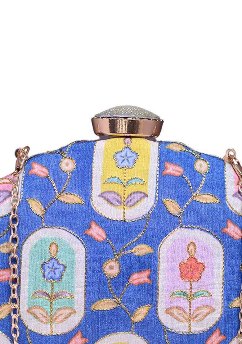 Blue Satin Embroidered Zari Embellished Box Clutch - Indya