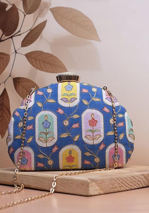 Blue Satin Embroidered Zari Embellished Box Clutch