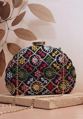 Black Satin Embroidered Embellished Box Clutch