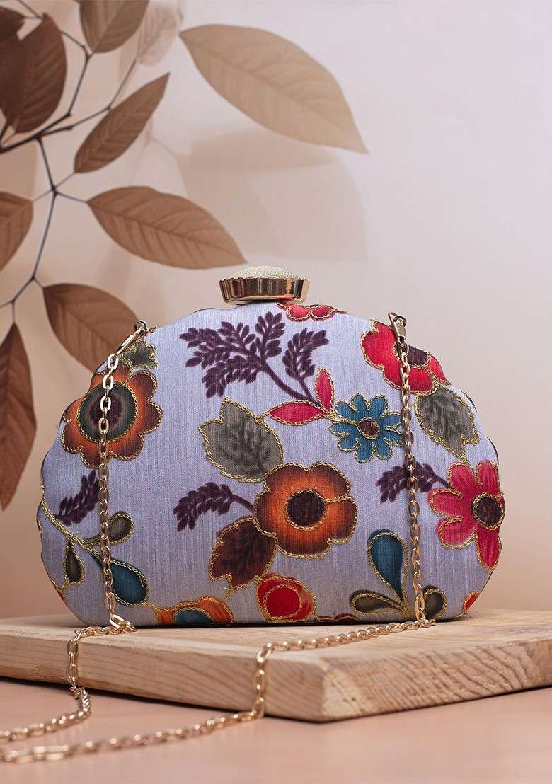 Lavender Satin Floral Embroidered Zari Embellished Box Clutch - Indya