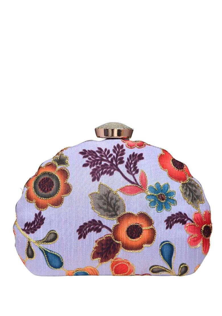 Lavender Satin Floral Embroidered Zari Embellished Box Clutch - Indya