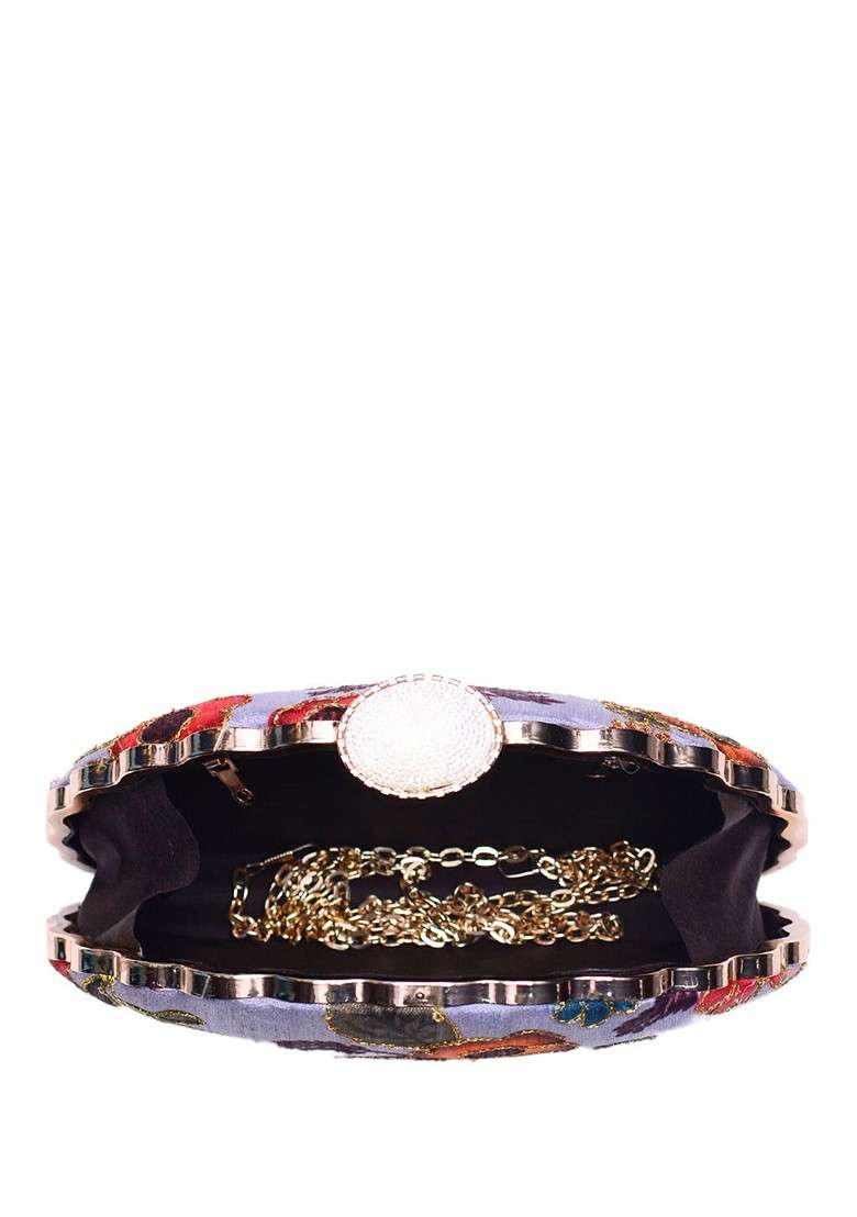 Lavender Satin Floral Embroidered Zari Embellished Box Clutch - Indya