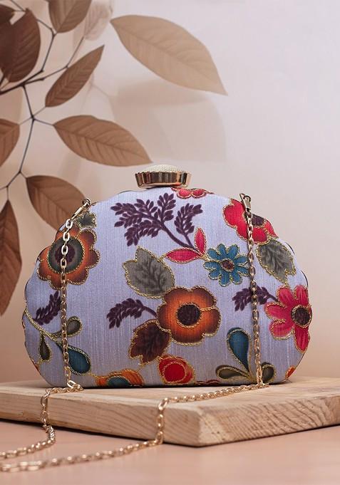 Lavender Satin Floral Embroidered Zari Embellished Box Clutch