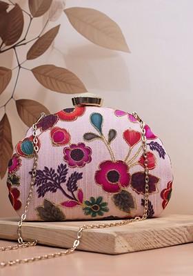 Pink Satin Floral Embroidered Embellished Box Clutch