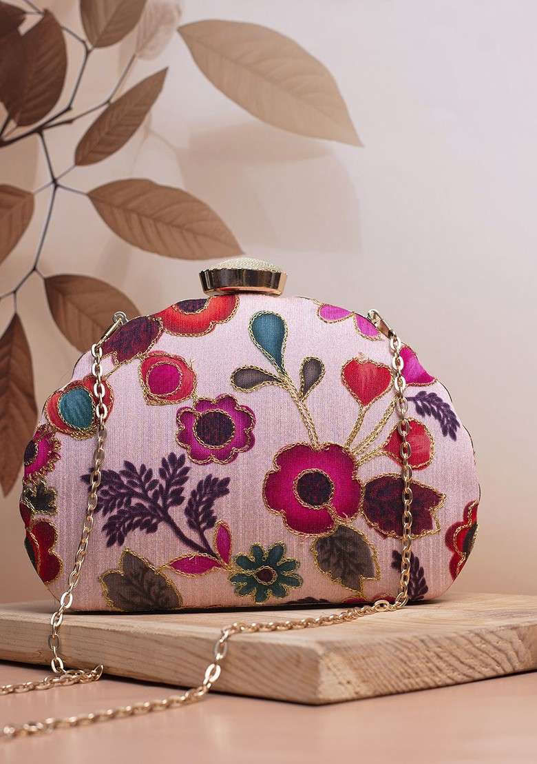 Pink Satin Floral Embroidered Embellished Box Clutch - Indya