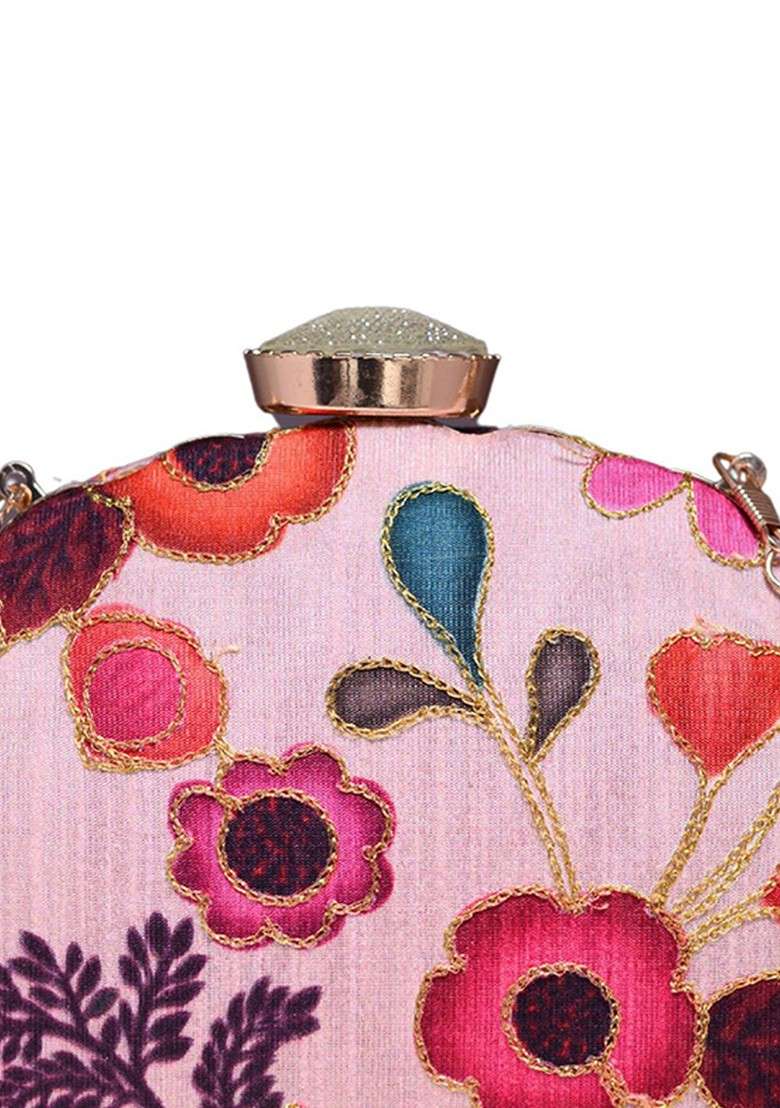 Pink Satin Floral Embroidered Embellished Box Clutch - Indya