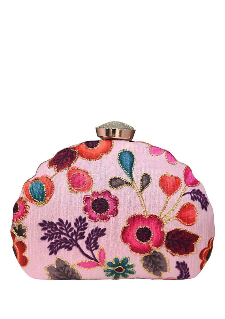 Pink Satin Floral Embroidered Embellished Box Clutch - Indya