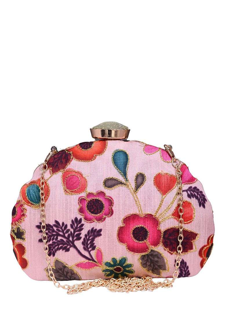 Pink Satin Floral Embroidered Embellished Box Clutch - Indya