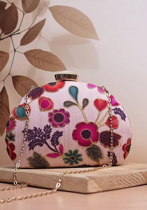Pink Satin Floral Embroidered Embellished Box Clutch