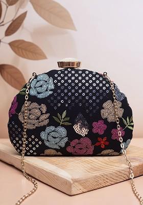Black Satin Embroidered Embellished Box Clutch