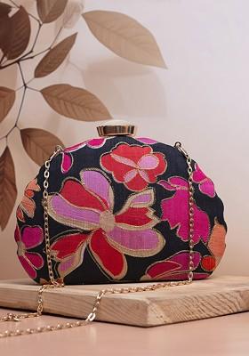 Black Fabric Floral Printed Embellished Box Clutch