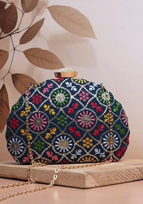 Blue Satin Embroidered Sequinned Box Clutch