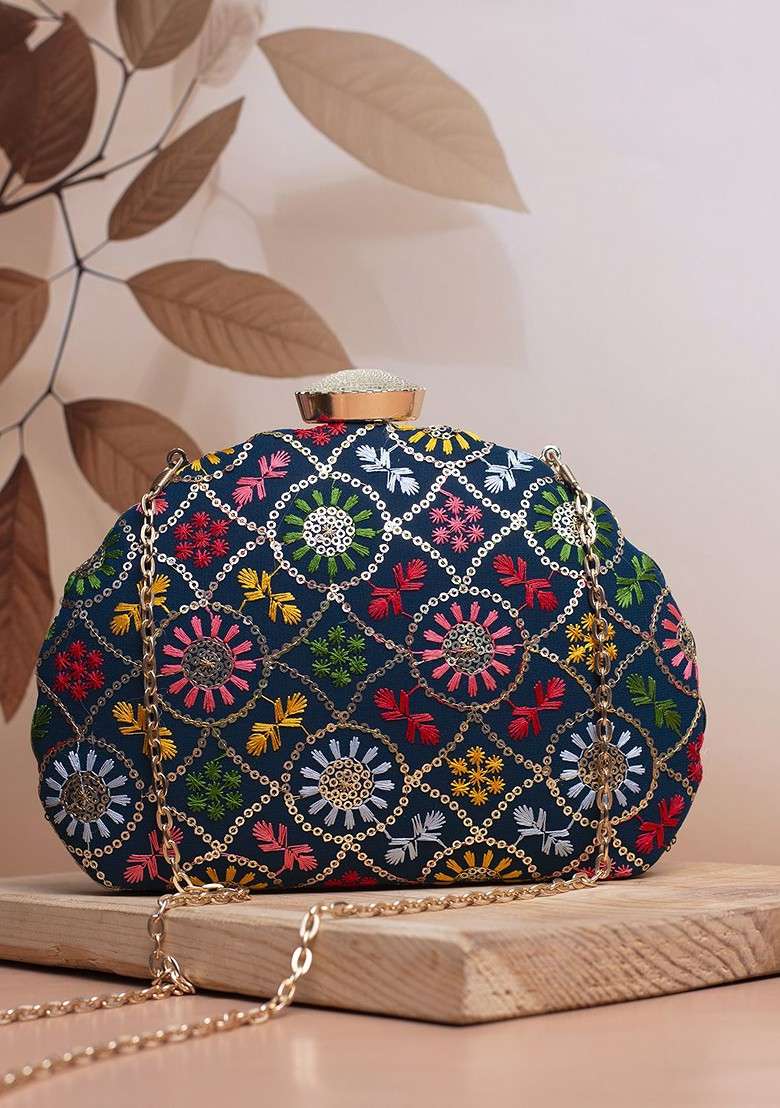 Blue Satin Embroidered Sequinned Box Clutch - Indya