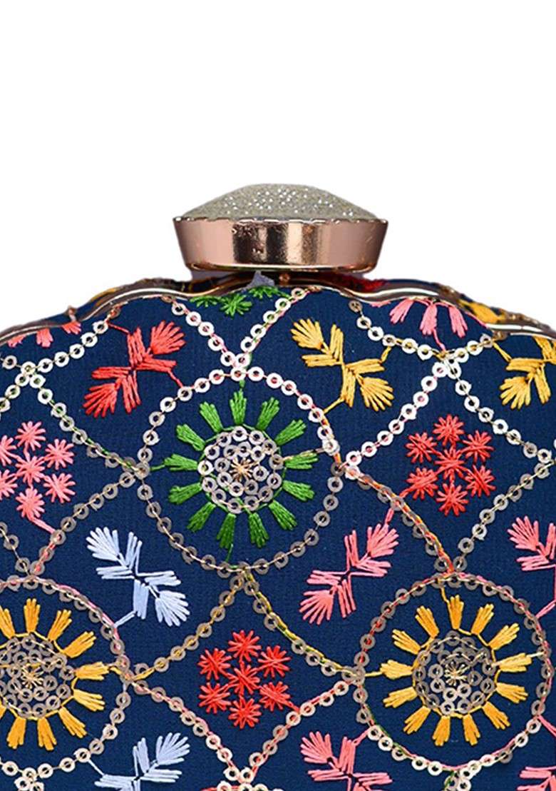 Blue Satin Embroidered Sequinned Box Clutch - Indya
