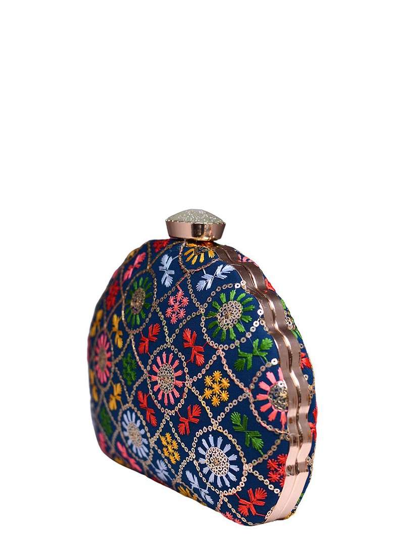 Blue Satin Embroidered Sequinned Box Clutch - Indya