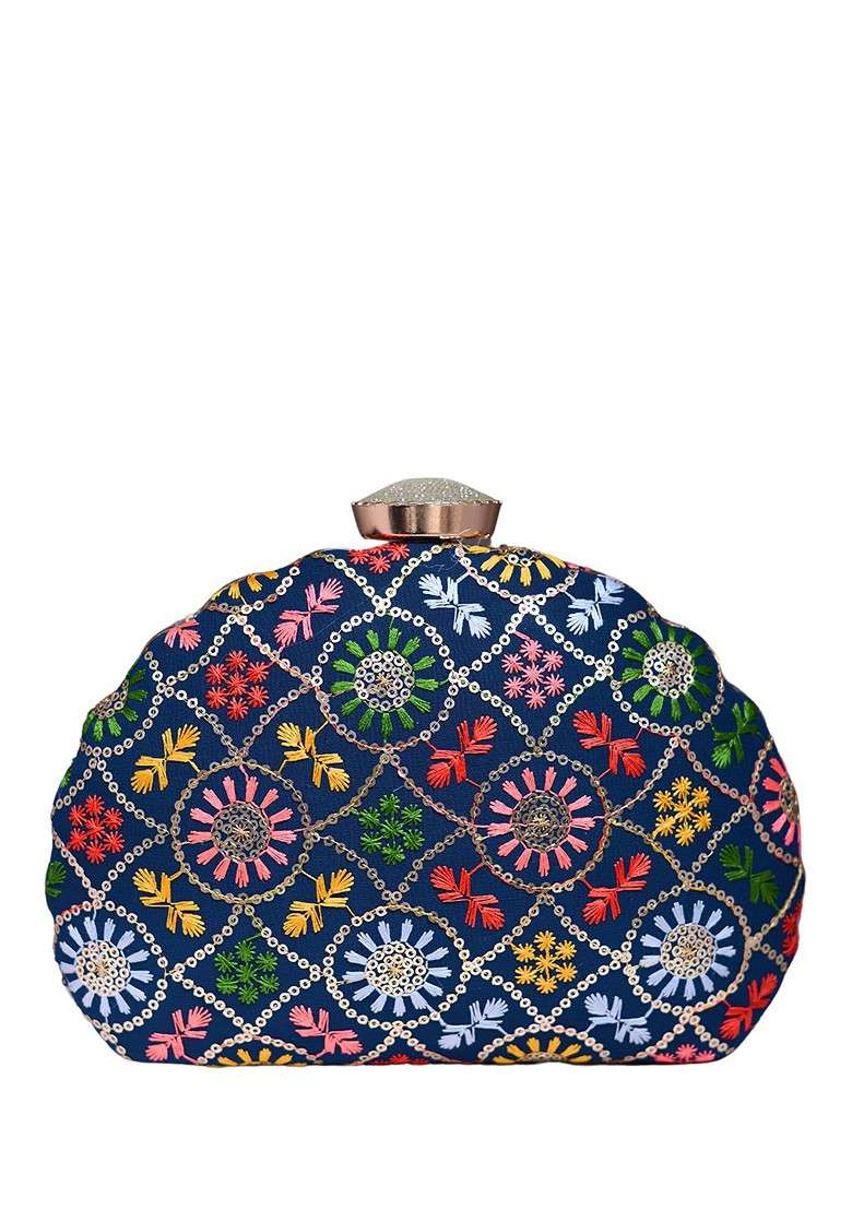 Blue Satin Embroidered Sequinned Box Clutch - Indya