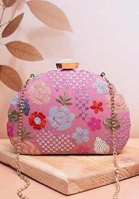 Pink Satin Embroidered Sequinned Box Clutch