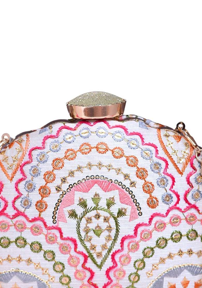White Satin Embroidered Embellished Box Clutch - Indya