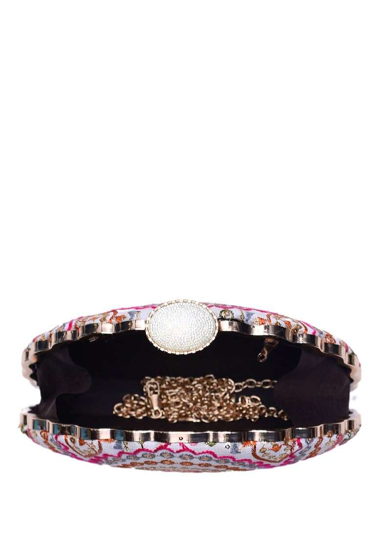 White Satin Embroidered Embellished Box Clutch - Indya