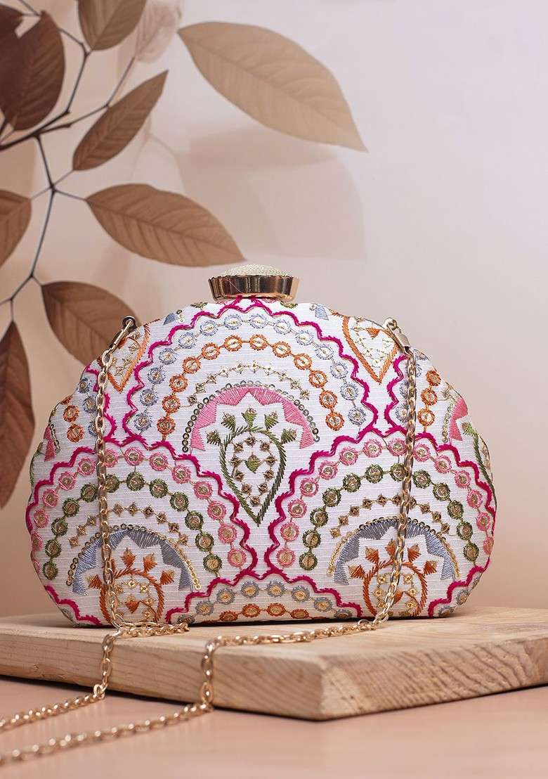 White Satin Embroidered Embellished Box Clutch - Indya
