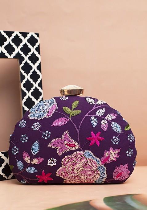 Violet Satin Embroidered Box Clutch