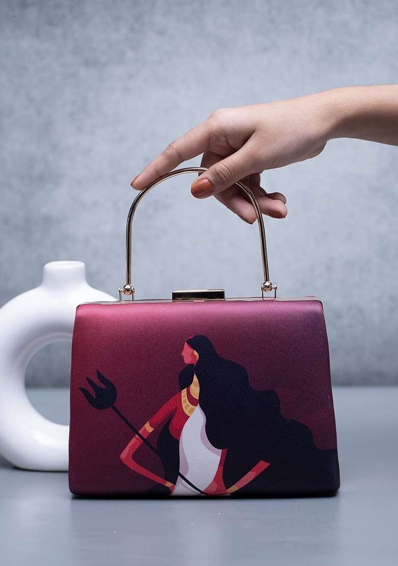 Maroon Fabric Durga Printed Box Clutch - Indya