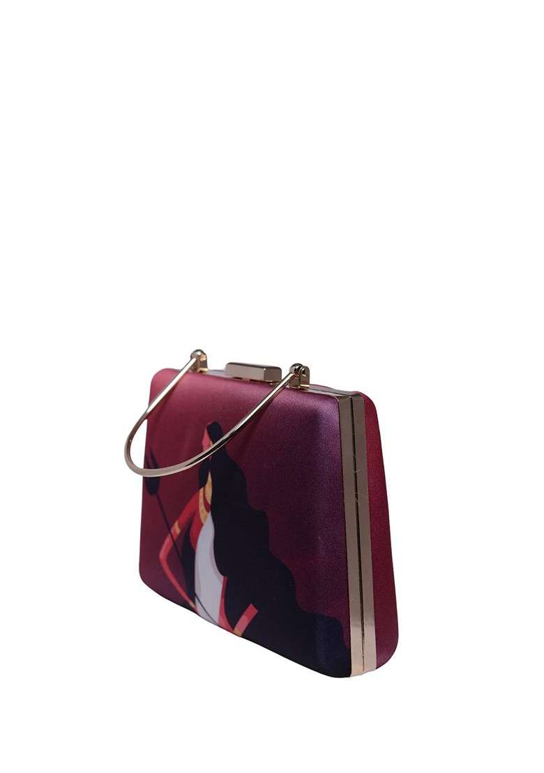 Maroon Fabric Durga Printed Box Clutch - Indya