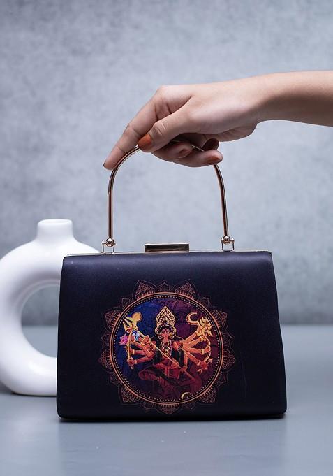 Black Fabric Durga Printed Box Clutch