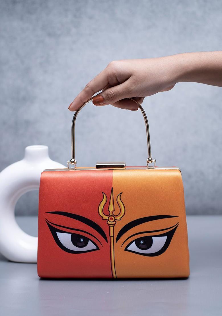 Orange Fabric Durga Printed Box Clutch - Indya