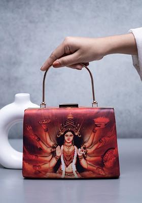 Red Fabric Goddess Durga Printed Box Clutch