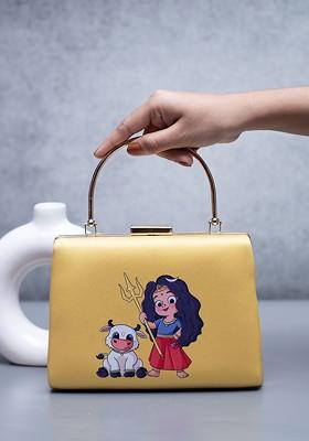 Yellow Fabric Durga Printed Box Clutch