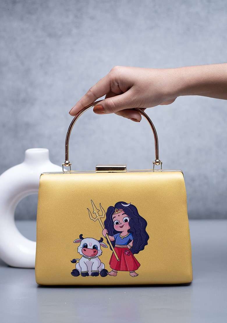Yellow Fabric Durga Printed Box Clutch - Indya