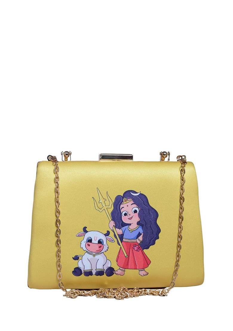 Yellow Fabric Durga Printed Box Clutch - Indya
