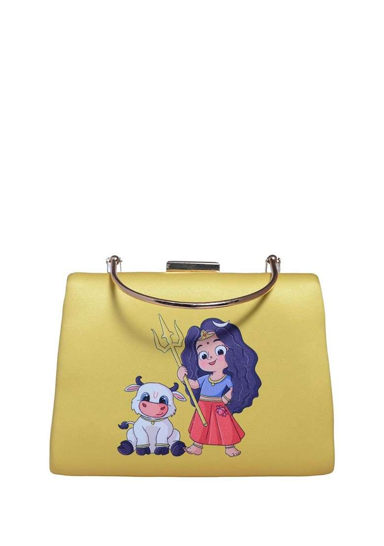 Yellow Fabric Durga Printed Box Clutch - Indya