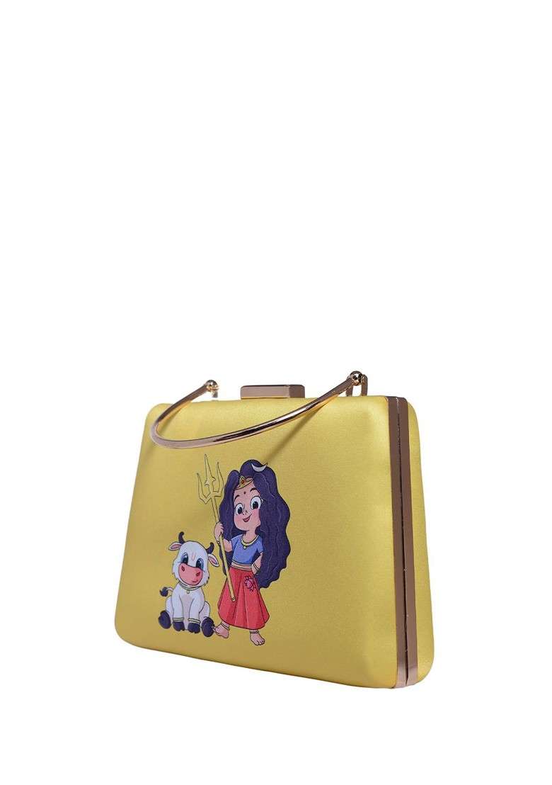Yellow Fabric Durga Printed Box Clutch - Indya