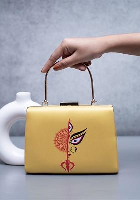 Yellow Fabric Durga Printed Box Clutch