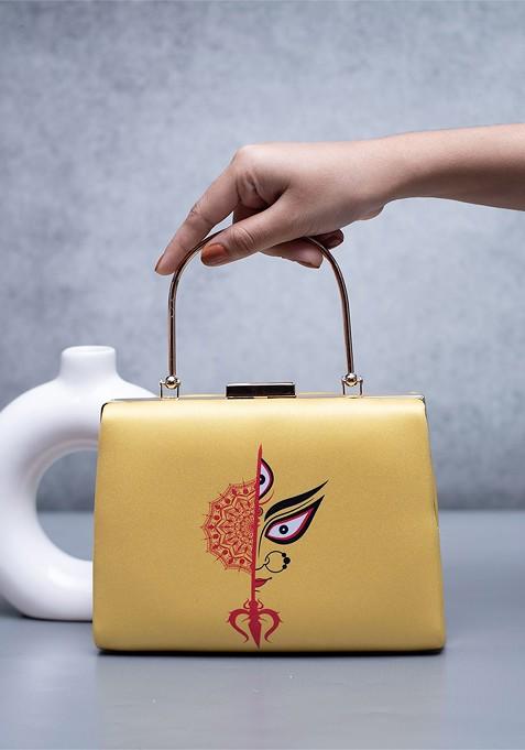 Yellow Fabric Durga Printed Box Clutch
