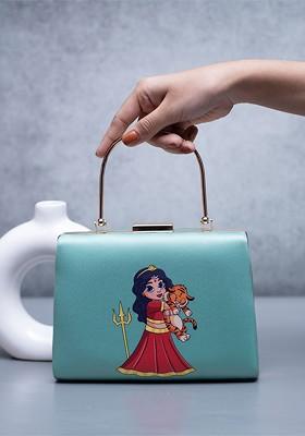 Blue Fabric Durga Printed Box Clutch