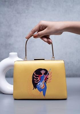 Yellow Fabric Durga Printed Box Clutch