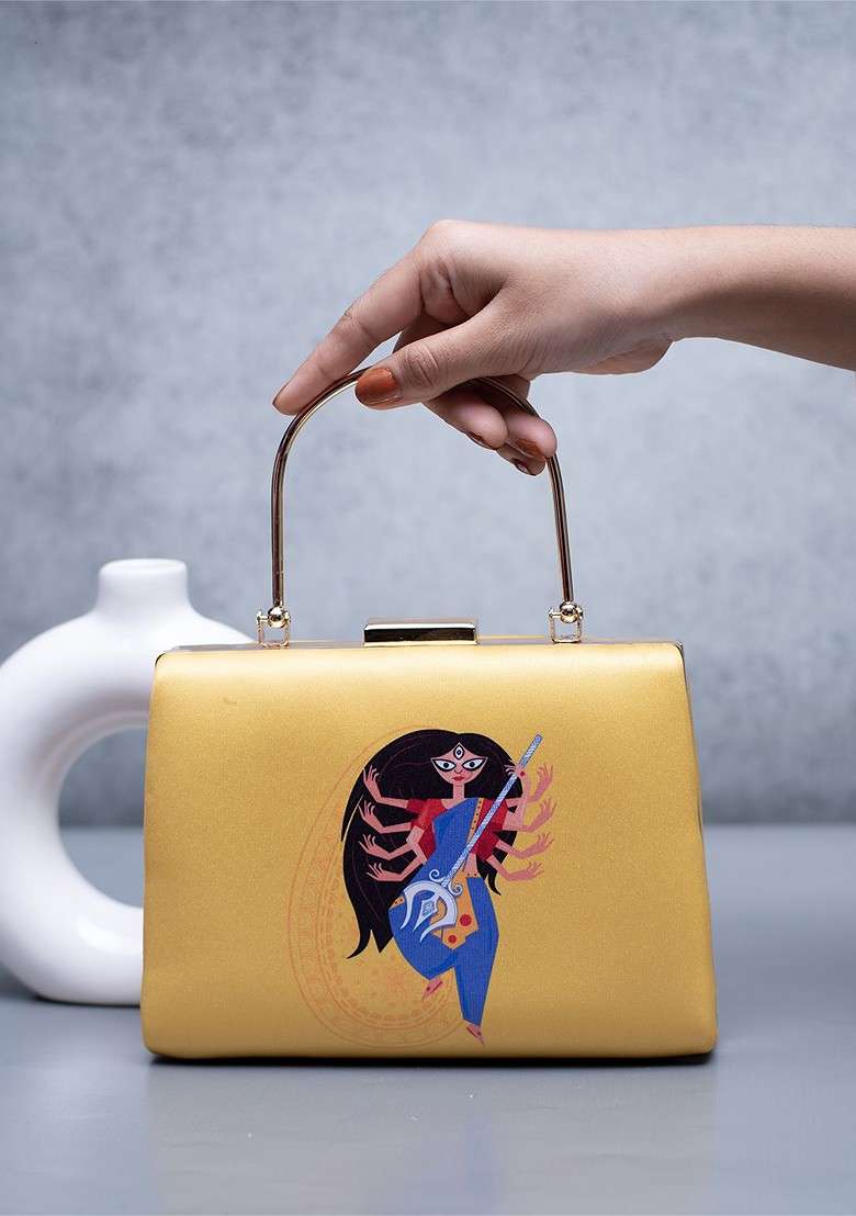 Yellow Fabric Durga Printed Box Clutch - Indya