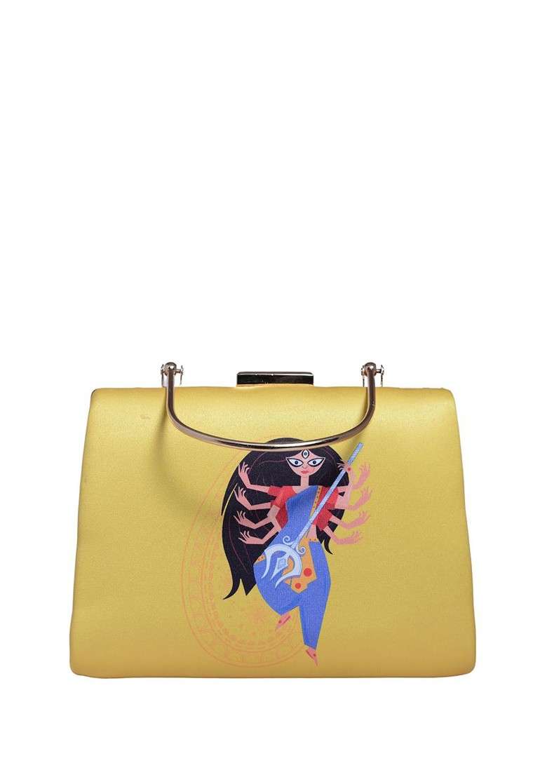 Yellow Fabric Durga Printed Box Clutch - Indya