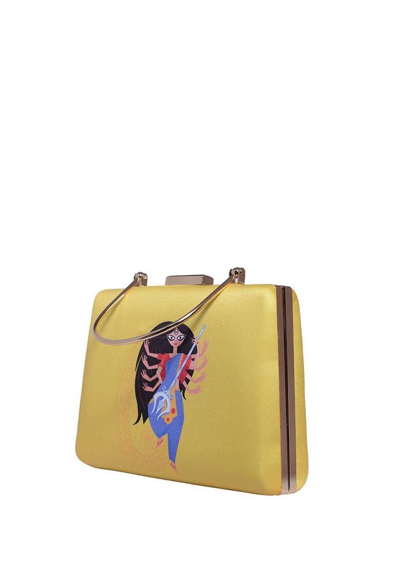 Yellow Fabric Durga Printed Box Clutch - Indya