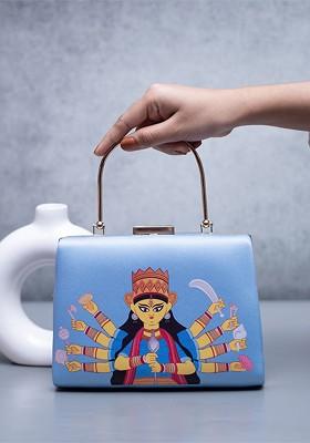 Blue Fabric Durga Maa Printed Box Clutch