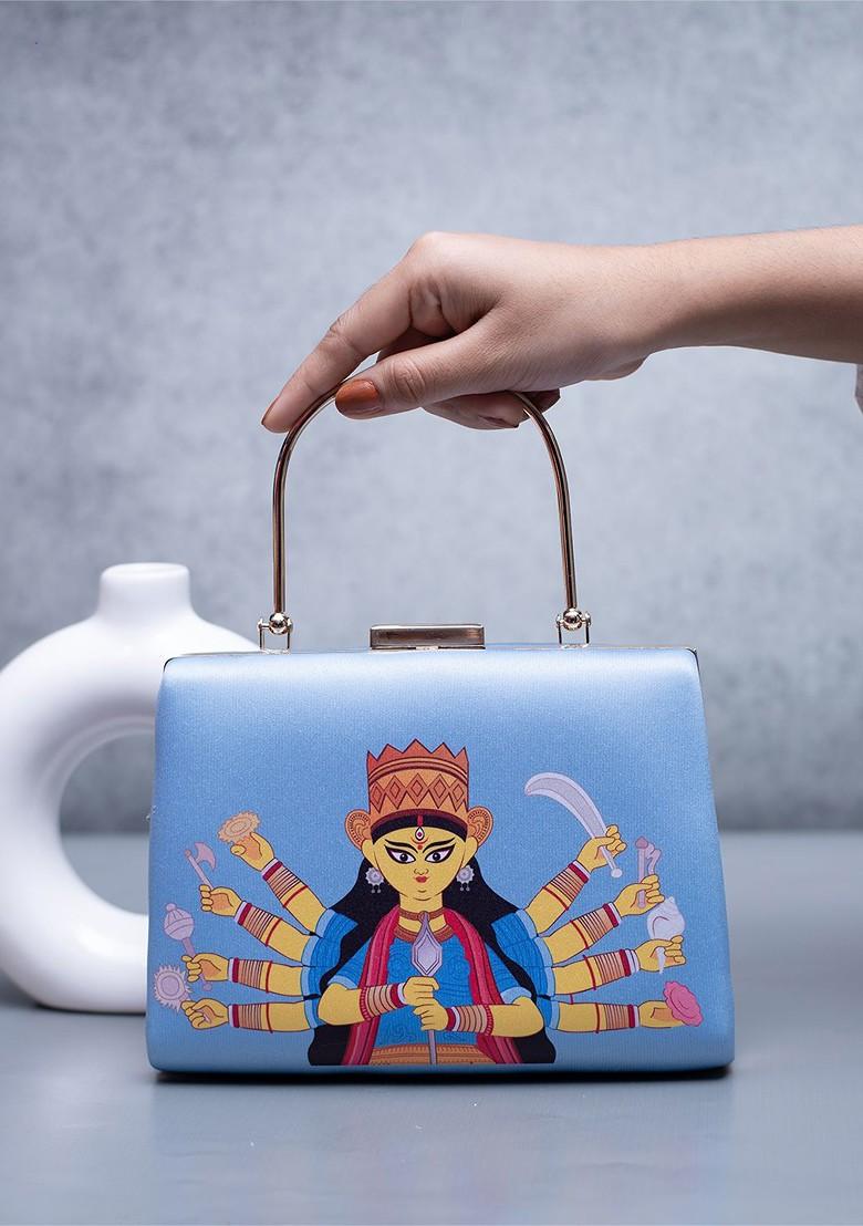 Blue Fabric Durga Maa Printed Box Clutch - Indya