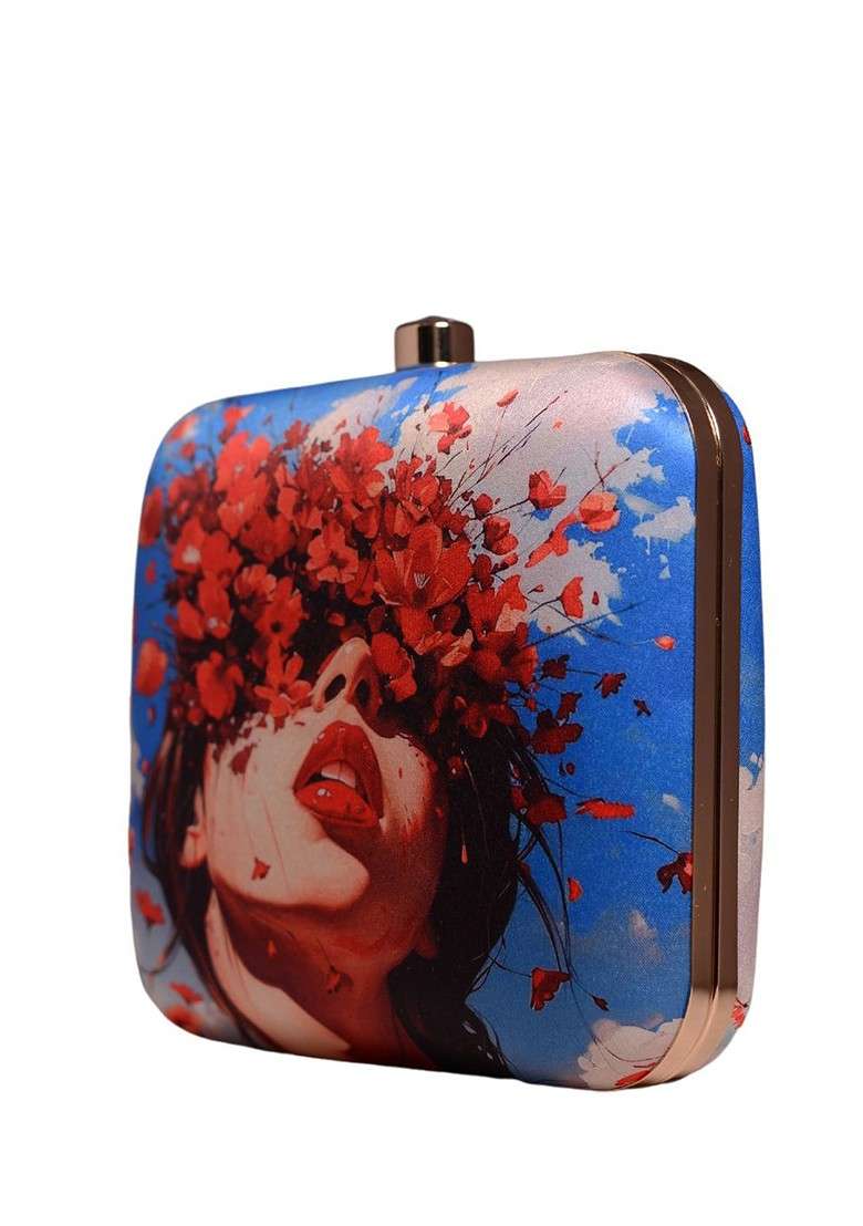 Blue Fabric Floral Printed Box Clutch - Indya