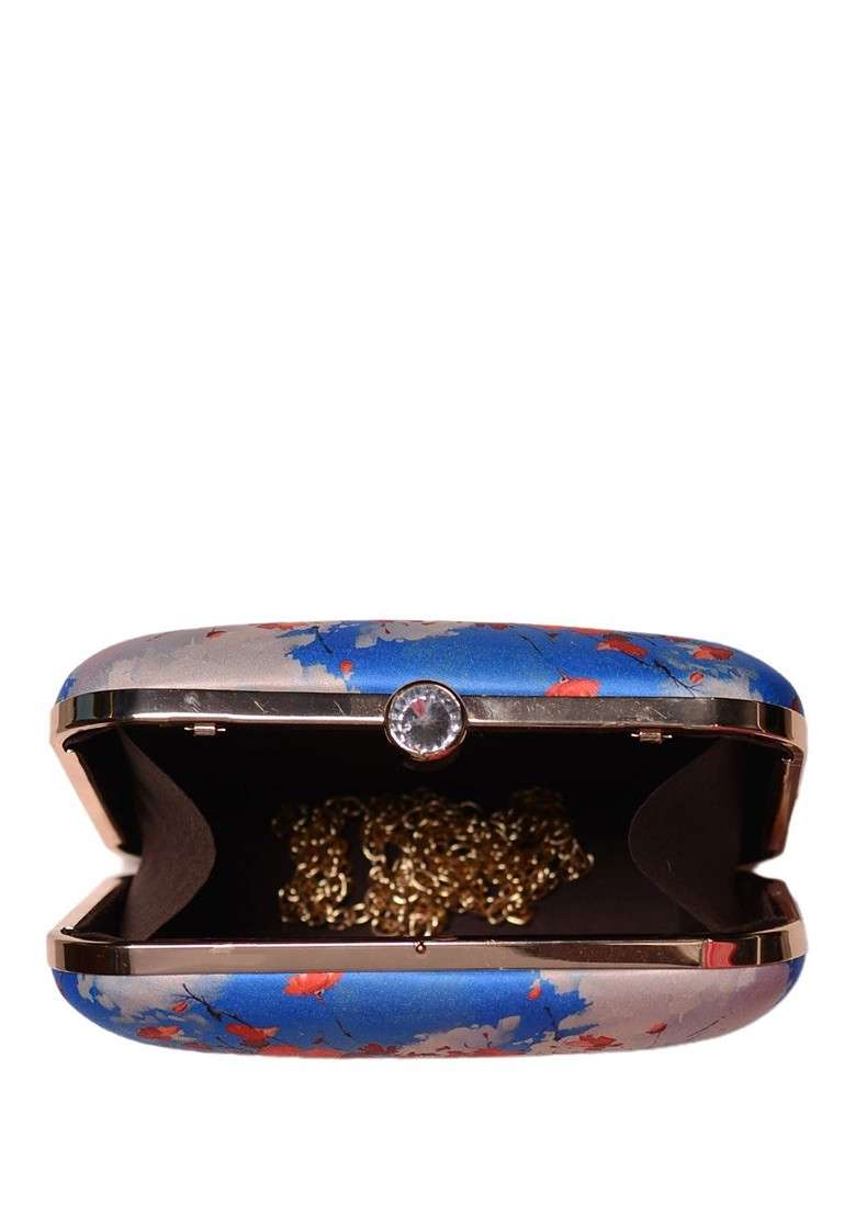 Blue Fabric Floral Printed Box Clutch - Indya