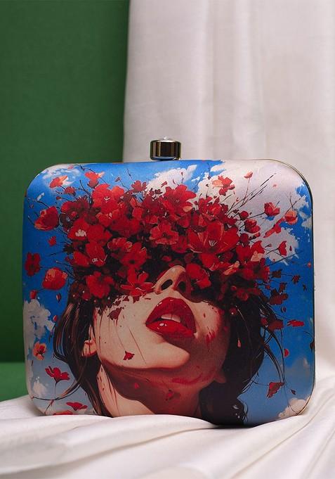 Blue Fabric Floral Printed Box Clutch